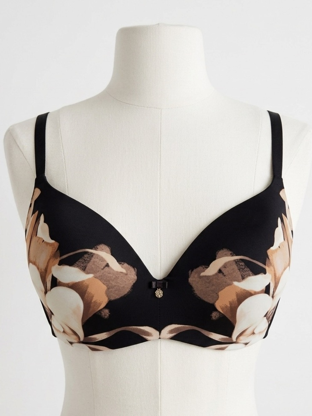 La Vie En Rose Black Wireless Bra with Floral Watercolour Print in Gold & Cream